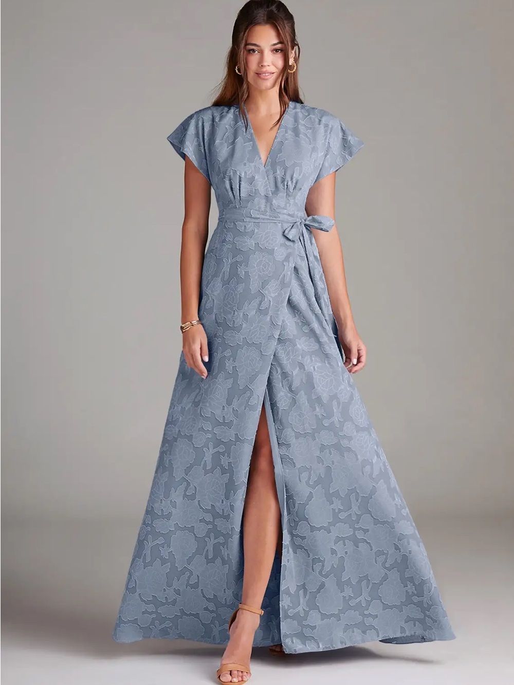 Azazie Dusty Blue Floral Burnout Wrap Bridesmaid dress
